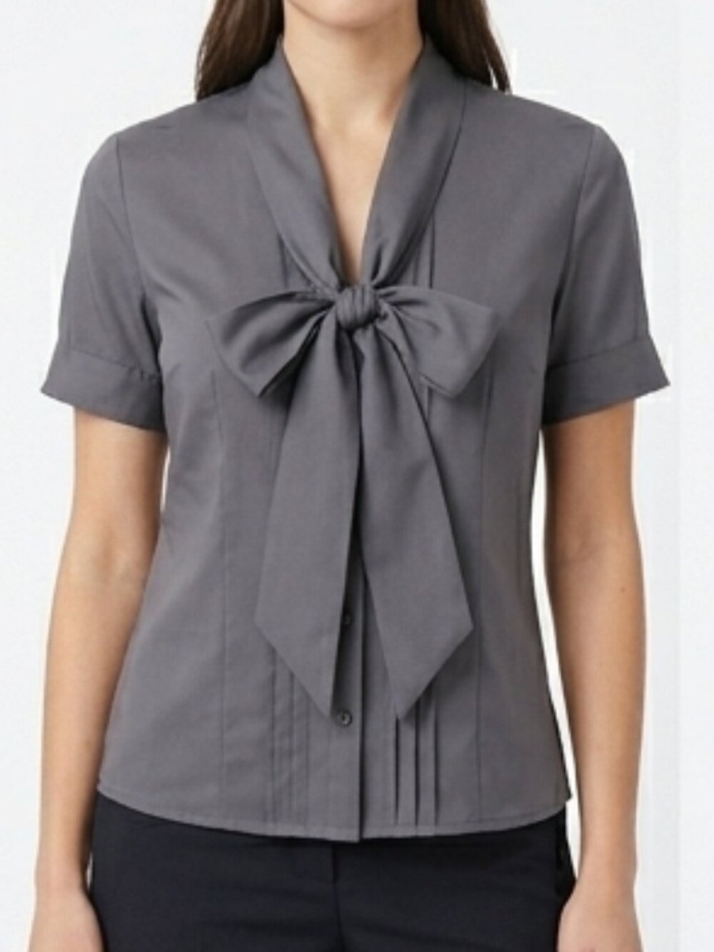 Banana Republic Gray Tie-Neck Short Sleeve Blouse
